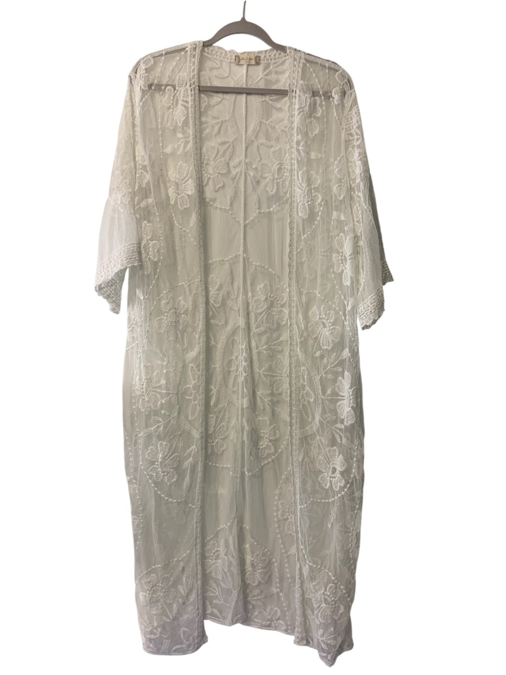 Altar’d State White Floral Lace Kimono Boho Duster Sheer, Long Length M/L